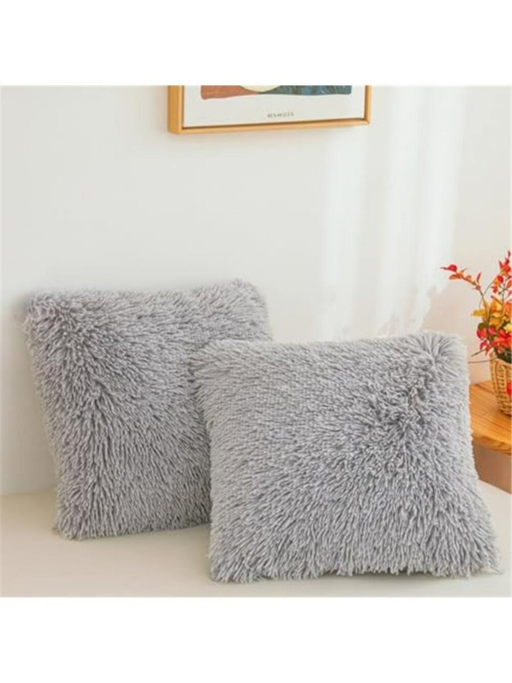 Besfunny Grey Fuzzy Throw Pillow Covers 18"x18", Soft Decorative Fluffy Plush